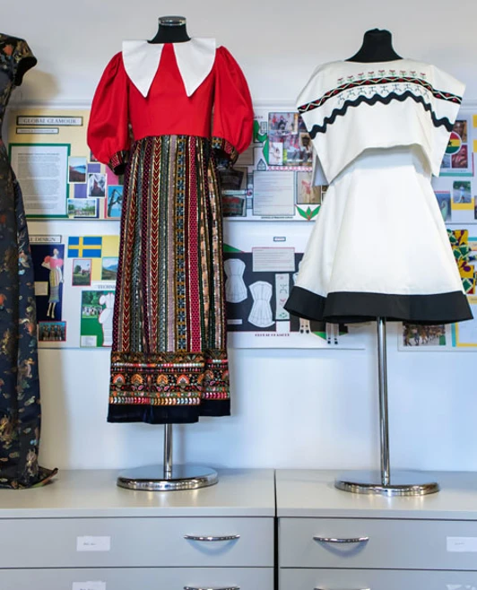 A row of mannequins displaying diverse fashion designs created by students at Glasgow Kelvin College A row of mannequins displaying diverse fashion designs created by students at Glasgow Kelvin College